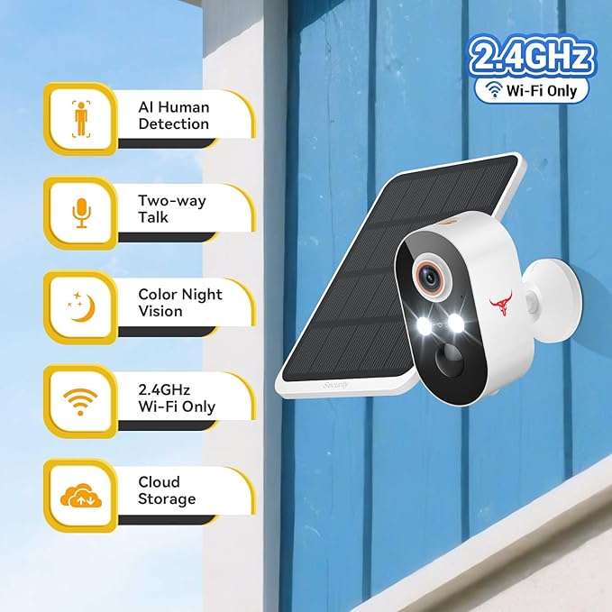 1080p Wireless Security Camera with Solar Panel, 2.4GHz Wi-Fi, Color Night Vision, Home Security System, PIR Motion Detection, 2-Way Talk, Outdoor Surveillance Bullet Cam (1 Pack)