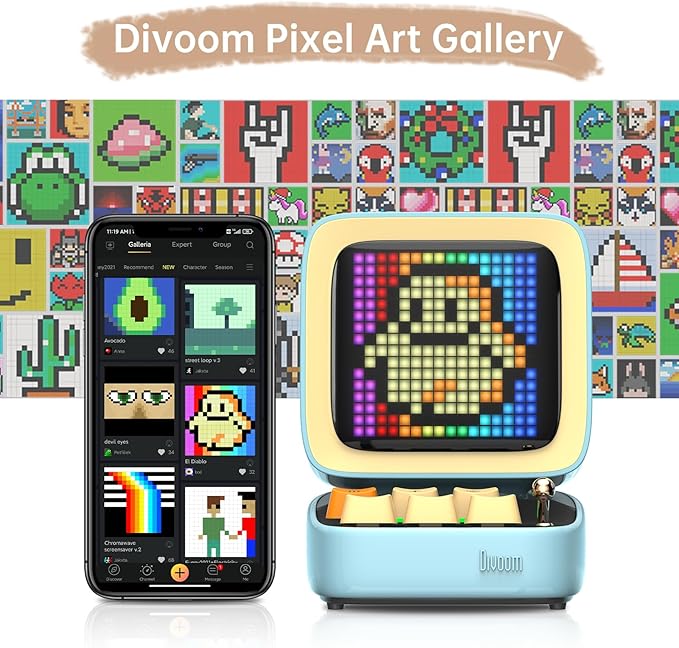 Divoom Ditoo Pro Retro Pixel Bluetooth Speaker, 16×16 App-Controlled Display, Mini Games, Smart Alarm, White Noise, Gift-Ready Desk Speaker for Music, Pixel Art & Room Decor (Blue)