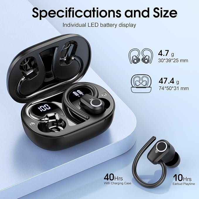 Wireless Earbuds, 2023 Bluetooth Headphones 5.3 Sport, 50H Ear buds with Earhooks, Dual LED DisplayBluetooth Earbuds, Deep Bass Stereo Noise Cancelling Headphones, IP7 Waterproof Running Earphones