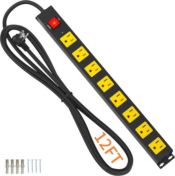 8 Outlet Power Strip 2100J Surge Protector, 12FT Heavy Duty Extension Cord Wide Spaced Outlet and Wall Mount Metal Powerstrip for Home Office Garage Workshop