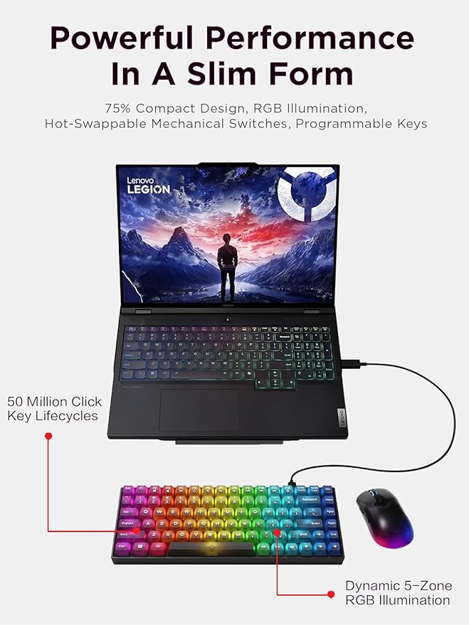 Lenovo Legion K510 Mini Pro Wired Mechanical Gaming Keyboard - 75% Compact Design, RGB Illumination, Hot-Swappable Mechanical Switches, Programable Keys