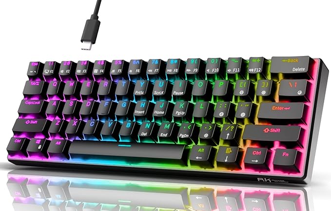 RK ROYAL KLUDGE RK61 Wired 60% Mechanical Gaming Keyboard Programmable QMK/VIA RGB Backlit 61 Keys Ultra-Compact Hot Swappable Red Switch Black