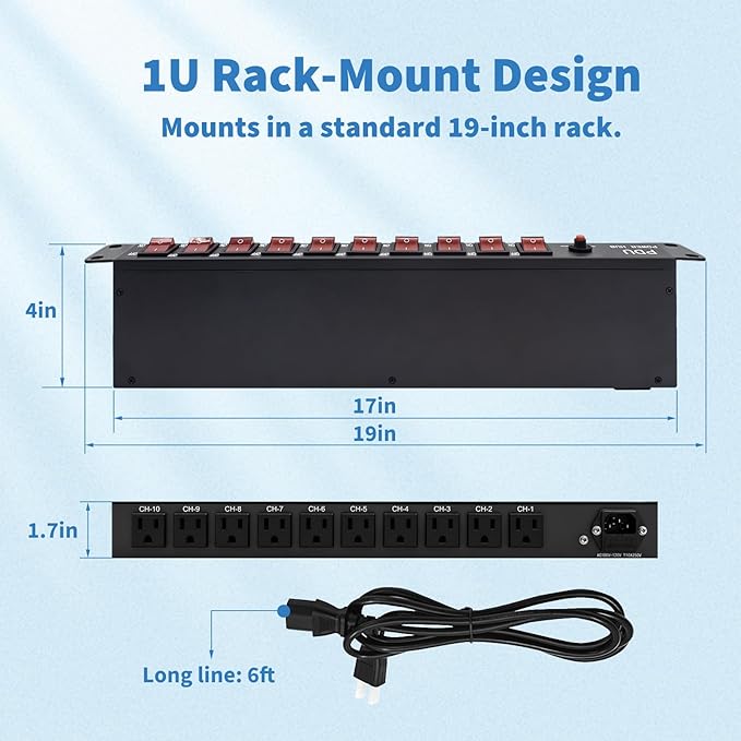 1U PDU Horizontal Rackmount Power Strip - Surge Protector 10 NEMA 5-15R Outlet 100V-240V/15A 1800 Joules, 10 Independent LED Switches, w/6 ft Cord, for Network Server, ETL Listed, by CENTROPOWER