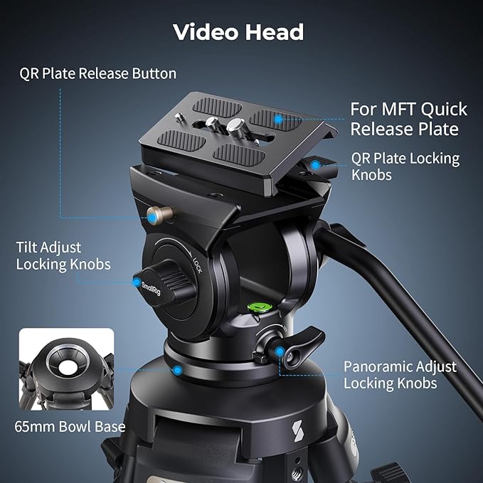 SmallRig AD-50 Lite Video Tripod, Heavy Duty Tripod with 360°Fluid Head, 62" Aluminum Alloy Travel Tripods with QR Plate, Lift Rope, Load up to 11lb for DSLR, Camcorder, Camera