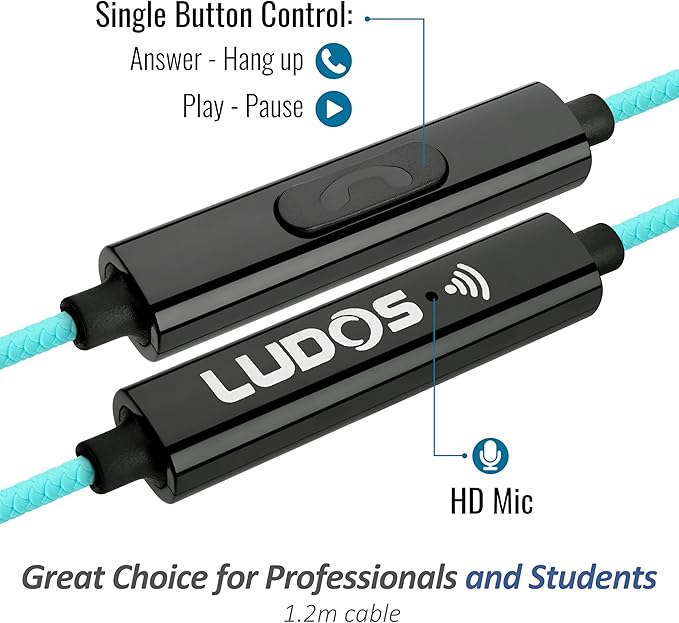 LUDOS Clamor Wired Earbuds in-Ear Headphones, 5 Years Warranty, Earphones with Mic, Noise Isolating Ear Buds, Memory Foam for iPhone, Samsung, School Students, Kids, Women, Small Ears - Turquoise