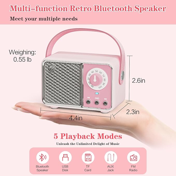 Retro Bluetooth Speaker, Vintage Decor, Wireless Portable Mini Bluetooth Speaker, Small Cute Stylish Vintage Speakers for Kitchen Desk Bedroom Home Office Party Outdoor Gift Pink