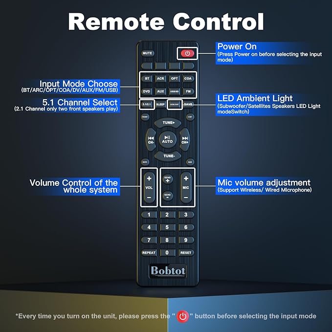 Bobtot Surround Sound Systems Home Theater System - 1200 Watts Peak Power 10" Subwoofer 5.1/2.1 Wired Audio Stereo Speakers Strong Bass with HDMI ARC Optical AUX Bluetooth Input
