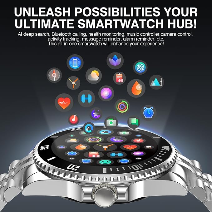 AI Smart Watch, DA GPT Waterproof Smartwatch, 1.19-inch AMOLED Display, 24/7 Heart Rate, Blood Oxygen, Blood Pressure, Sleep Monitor, 107 Sports Modes, Compatible Android and iOS Silver Black