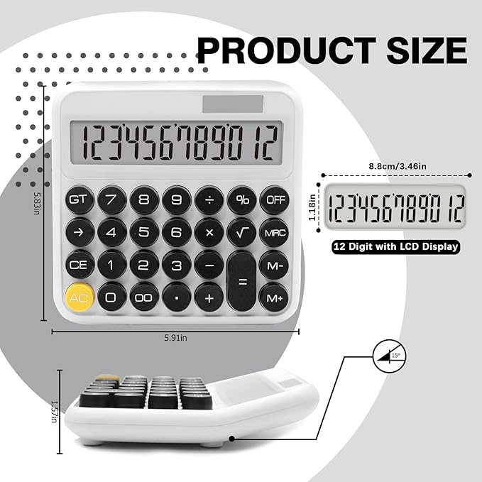Black White Calculator, Big Button Calculator with Large LCD Display, White Office Desk Accessory for Offices, Schools, Homes and Businesses