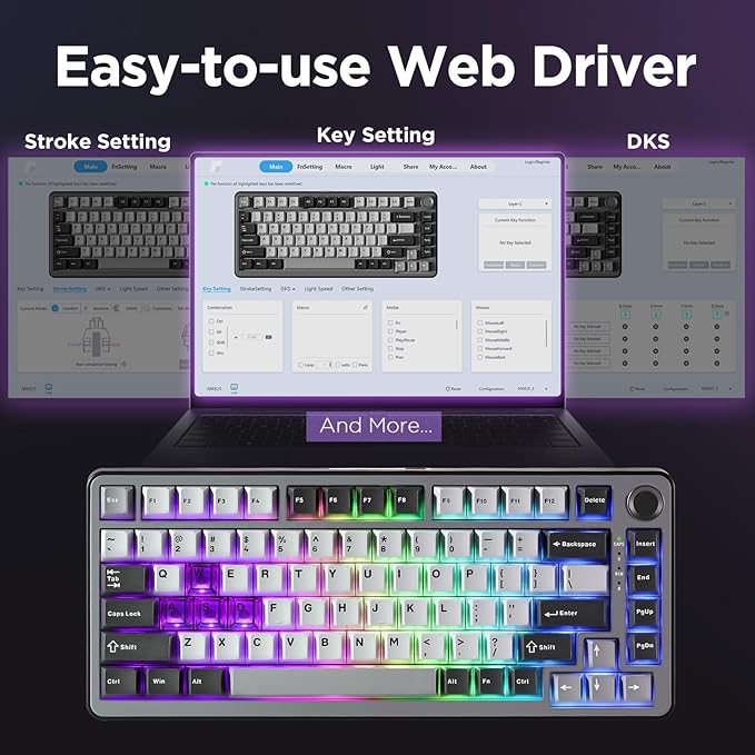 YUNZII RT75 Rapid Trigger Gaming Keyboard,Hall Effect Magnetic Switch,Adjustable Actuation Esports,75% TKL Layout with Knob,RGB Backlit, PBT Keycaps for Mac/Win (Black, Gateron Silky Pro Switch)