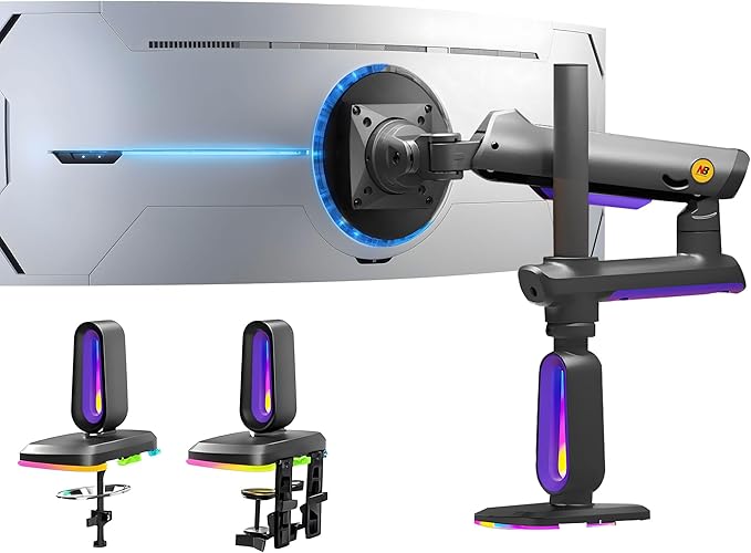 NB Extra Height Gaming Monitor Arm for 32 to 60 Inches Screen, Load up to 20 kg, VESA 75/100, RGB-Light, Heavy Duty, Multi Angle Adjustable, Premium Aluminum, Long Arm Extension Purple Blue