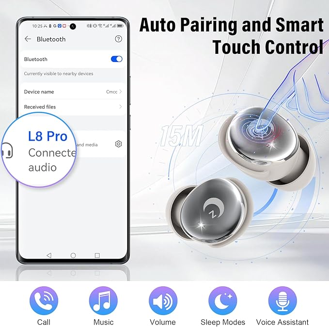 Sleep Earbuds Bluetooth 5.4 Smart Touch Screen in Ear Ear Buds, 48H Mini Sleep Headphones Small Design for Side Sleepers, Crystal-Clear Calls, 5 EQ Modes, IPX7 Waterproof Earphones, Beige Earbuds