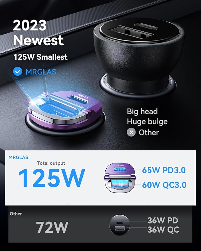 【Upgraded】 125W USB C Car Charger Super Fast Charging for iPhone 16, [PD65W & QC60W][All Metal] MRGLAS Cigarette Lighter Car Charger,Dual Port for iPhone 16 15 Pro iPad Samsung S25/S24 MacBook-Purple