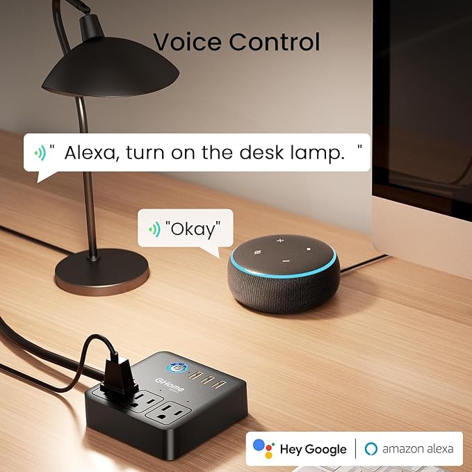 GHome Smart Power Strip with 3 USB Ports & 3 Smart Outlets Plugs That Work with Alexa & Google Home, WiFi Surge Protector, Flat Plug for Home Office Travel, 10A