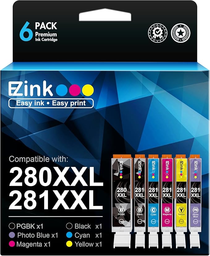 E-Z Ink Compatible TS9120 Ink Cartridge Replacement for Canon PGI-280XXL CLI-281XXL PGI 280XXL CLI 281XXL to use with PIXMA TS8320 TS8220 TS8120 (PGBK, Black, Photo Blue, Cyan, Magenta, Yellow) 6 Pack