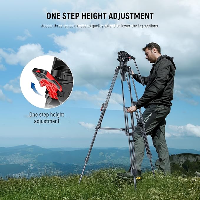 NEEWER 76" Video Camera Tripod with Fluid Head, One Step Quick Release Heavy Duty Aluminum Portable Tripod Stand with Cleaning Cloth, Dual Mode QR Plate for DSLR Camcorder, Max Load 17.6lb, LL27