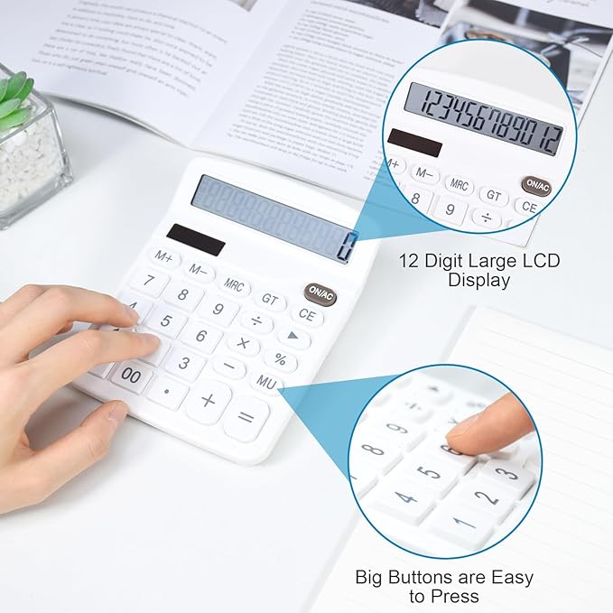 Marte Vanci 12 Digits Calculator with Large LCD Display, Desktop Basic Calculator with Big Buttons, Solar Power and AA Battery, for Office, Home, School(White)