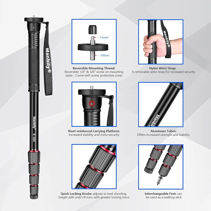 Manbily 65-Inch Camera Monopod, 5 Sections Aluminum Travel Monopod for Canon Nikon Sony DSLR Cameras Video Camcorder, Compact Portable Lightweight（E-222） (Red)