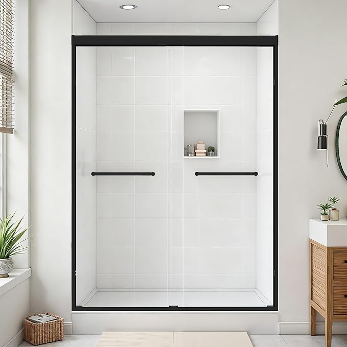 44-48" W x 72" H Shower Door Bathroom Double Sliding Shower Door 1/4"(6mm) Thick Tempered Clear Glass Door with Stainless Steel Handle for Walk-in Shower, Matte Black