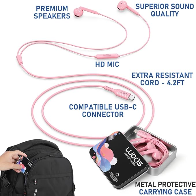 LUDOS FEROX USB C Headphones for iPhone 16 15 Pro Max Plus iPad Pro, 5 Years Warranty, USB-C Earbuds for Samsung Galaxy S24 S23 Ultra S22 S21 S20 A55 A54 A53, USB Type C Earphones - Pink