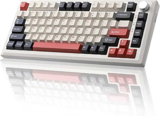 Y75 Wireless Mechanical Keyboard,75% Hot Swappable Custom Keyboard with Knob,RGB Backlit, PBT Keycaps,2.4GHz/USB-C/BT5.0 Mechanical Gaming Keyboards(White&Red,Milk Switch)