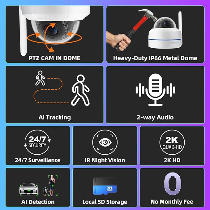 xmartO [AI Tracking Dome CAM] 10CH 2K HD Metal Dome PTZ Wireless Security Camera System, 8*Automatic Tracking, 2-Way Audio and Night Vision Camera, 10CH 4K Long Range WiFi 6 Surveillance DVR NVR Kit