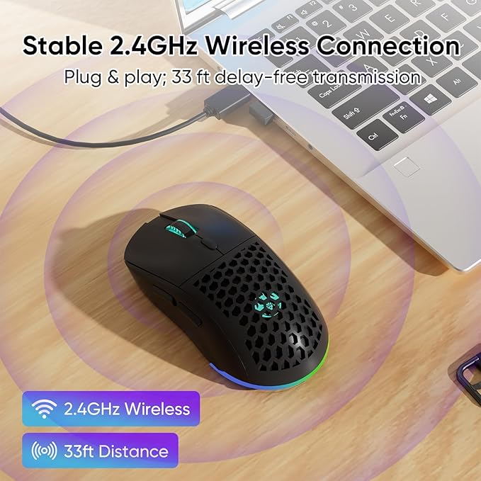 Honeycomb M32 Wireless Gaming Mouse - 2.4GHz RGB Rechargeable Ergo Mouse with Silent Clicks & 3200 DPI for PC/Mac (Black)