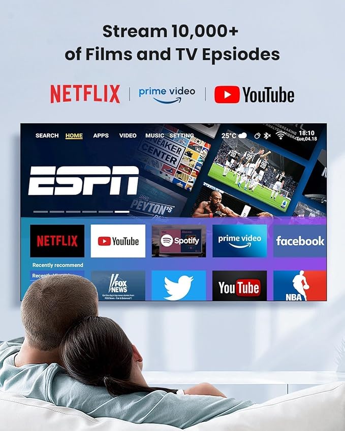 Ultra HD 1800 ANSI Daytime Projector 4K , HDR10+ Daylight Movie Projector WiFi6, ToF Auto Focus, 38W DSP Sound, Two-Way Bluetooth, 300″Display NFC Screencast HDMI USB LAN Movie Gaming in Bright Room