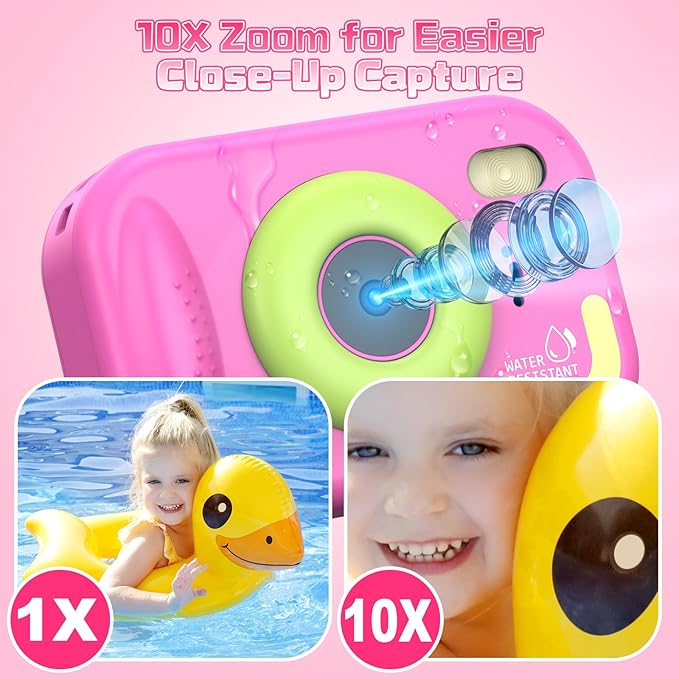 Kids Camera Waterproof, IP68 Underwater Camera for Kids Aged 3-12, HD Kids Digital Camera with 1080P Video Recording, Durable ABS Material, Pool Toys for Boys Girls with 32GB Card (Pink)