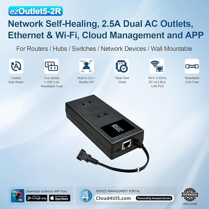 ezOutlet5-2R Smart Power Reset Device with Auto-Reset, 2 NEMA Sockets 2.5A, Wi-Fi & Bluetooth & App Controllable via LAN/Cloud, Router Rebooter, Remote Scheduling for Network Devices.