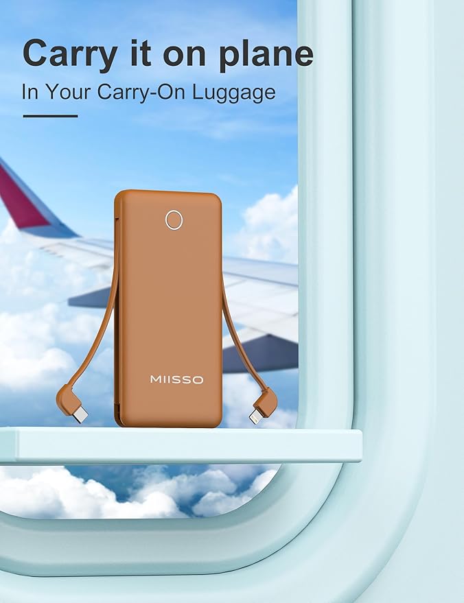 10000mAh Slim Portable Charger with Built in Cable, Power Bank Travel Charger External Battery Pack for Phone, 4 Output USB Type C Cord Clutch Charger Compatible with iPhone, Brown