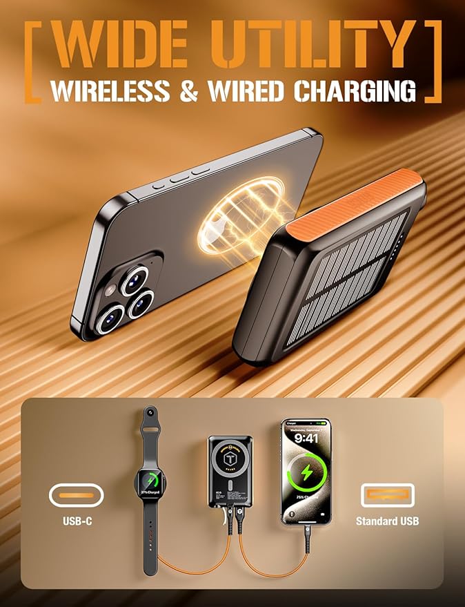 ToughTested ROC 5 Solar Power Bank 5000mAh, MagSafe Compatible Wireless Charger for iPhone 17/16/15/14/13, QC3.0 USB-C PD20W, IP54 Rugged Outdoor Battery with 5-Year Warranty for Travel, Camping