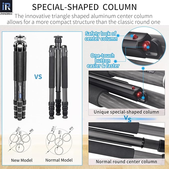 INNOREL Carbon Fiber Camera Tripod GT254C Professional Compact Portable Tripod for DSLR Camera Lightweight Camera Stand with Low Gravity Center Ballhead Special-Shaped Center Column Load 33.1lb/15kg