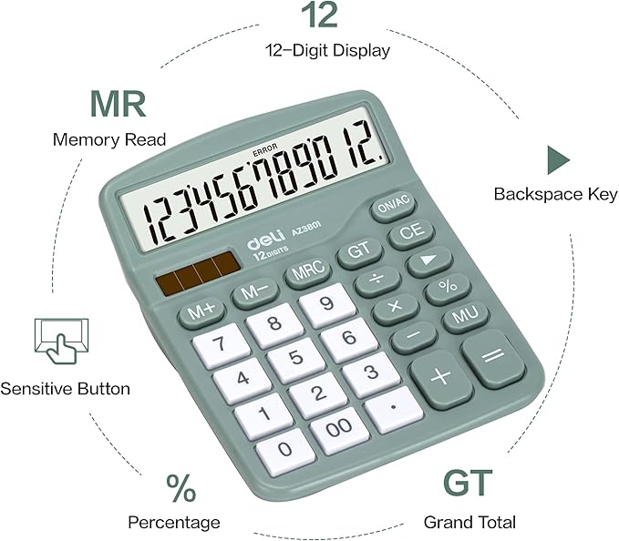 Calculator, Deli Standard Function Desktop Calculators with 12 Digit Large LCD Display and Sensitive Button, Solar Battery Dual Power Office Calculator, Green