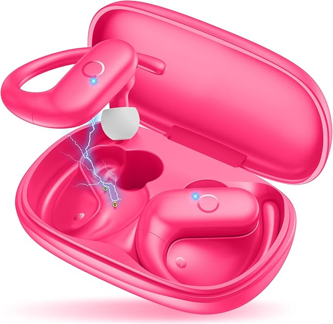 MOZOTER Wireless Earbuds Bluetooth 5.3 Headphones Sport,Over Ear Buds with Deep Bass Sound,60Hrs Playtime Earphones Redesigned Comfort Fit with Earhooks for Running,Meeting,Workout-Pink