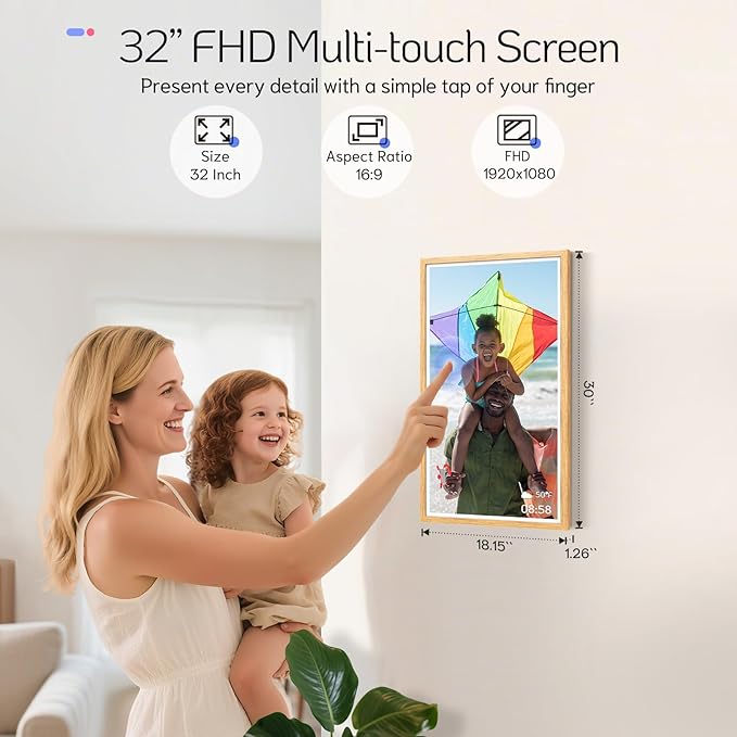 NexFoto Touchscreen Large Digital Picture Frame 32 Inch, FHD 1920 * 1080 WiFi Digital Photo Frame 64GB, Add Photos from Google Photos, Upload Videos Instantly, Wall Mountable, for Housewarming, Wood