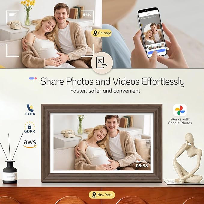 NexFoto Touchscreen Digital Picture Frame 15.6'', FHD WiFi Digital Photo Frame, 64GB Wood Electronic Picture Frame, Add Photos from Google Photos, Share Videos, for Mom, Birthday, Walnut