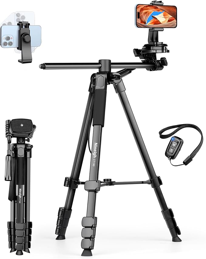 75" Phone Tripod Stand, Overhead Tripod for iPhone with Remote, Portable Horizontal Mount for Video, Live Streaming & Vlogging, Compatible with iPhone Camera
