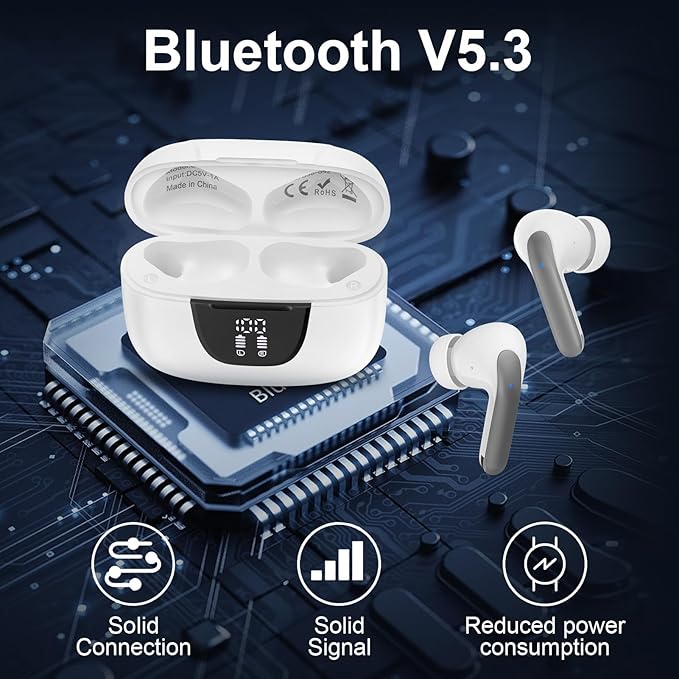 Wireless Earbuds for Samsung Galaxy S25 S24 Ultra, Bluetooth 5.3 Headphones Bass Stereo Noise Canceling Ear Buds with Mic LED Display, IPX7 Waterproof in Ear Earphones for Phone Laptop Sports Workout