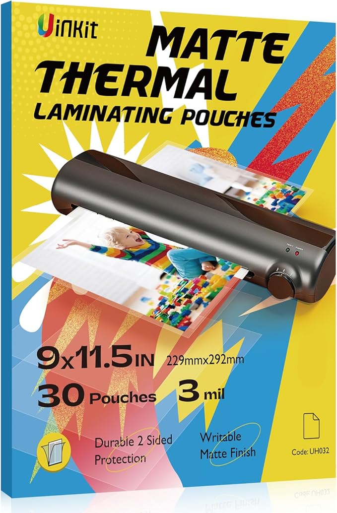 Uinkit Matte Thermal Laminating Sheets, 9 x 11.5 Inches 3 Mil Clear Anti-Glare with Matte Finish 30 Pack Fitted for Letter Size Laminating Pouches 8.5 x 11 inches