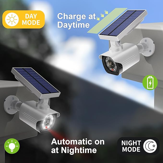 WALI Dummy Fake Camera, Security Camera with Motion Sensor Light, Simulated Surveillance Security CCTV Dome Camera Indoor Outdoor (TCW2-SOL), 2 Packs, White-Solar