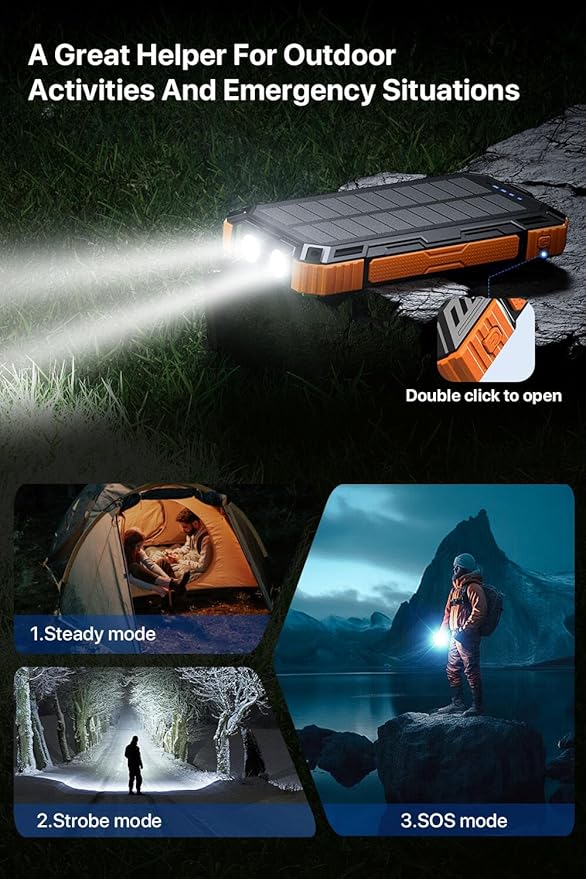 Solar Power Bank 49800mAh Wireless Portable Charger with USB-C 15W Fast Charging with 4 Built-in Cables LED Flashlight Battery Pack Compatible with iPhone, iPad, Galaxy, Perfect for Camping, Hiking