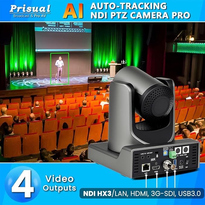 NDI PTZ Camera, 30X NDI/SDI/HDMI/USB3.0/IP Streaming with AI Auto Tracking, Low Latency for Church, Broadcast, Live Events (Built in Latest NDI License, Included NDI HX2 & NDI HX3 & Full NDI)