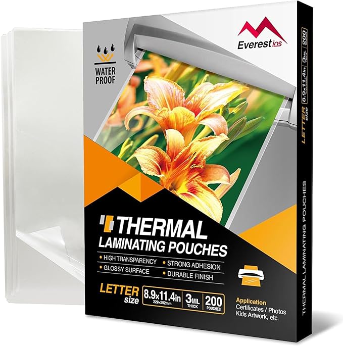 Everest Thermal Laminating Sheets, 8.9 x 11.4 Inches, 3 Mil Thick(80 Mic), 200 - Pack, Letter Size Lamination Pouches for Use With Laminator, Clear