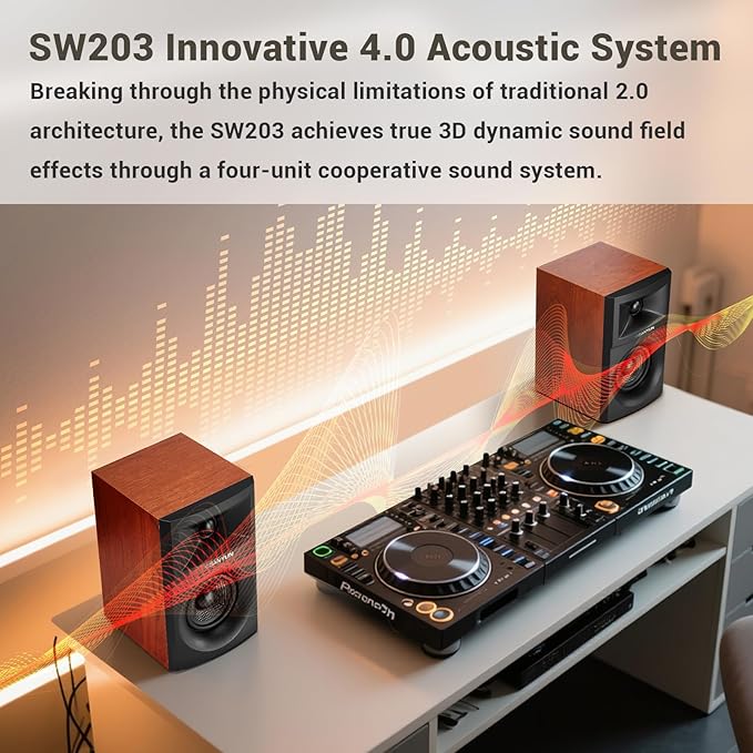Sanyun SW203 4.0 Computer Speakers - 60W 4-Way DSP Control 3D Immersive Sound - 3" Carbon Fiber Woofer & 20mm Silk Dome Tweeter - 24bit DAC USB/Bluetooth 5.4/AUX - Studio-Grade Audio (Pair, Red)