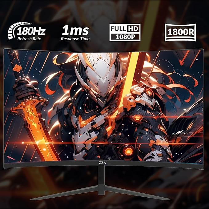ZZA 27 Inch Curved Monitor,VA Gaming Monitor,180Hz Refresh Rate, 1ms Response, 100% sRGB, 1080p Resolution,FreeSync,VESA Mountable