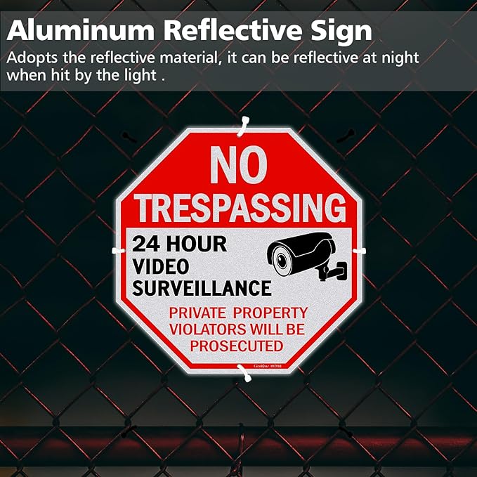 GicnKeuz Video Surveillance Sign, No Trespassing Signs Private Property Sign, 10x10 Inches Reflective Aluminum, Weather Resistant, Waterproof (4 pack)