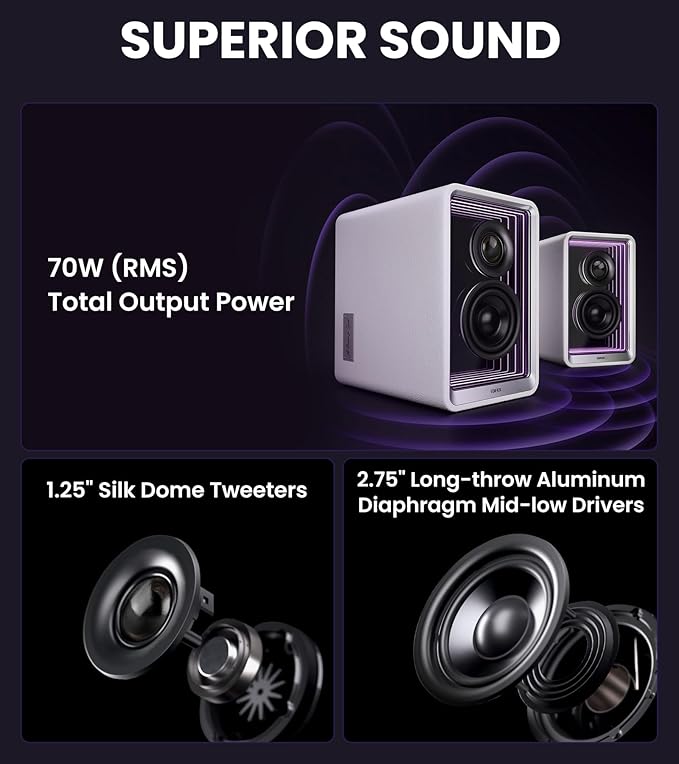 Edifier QR65 Desktop Active Monitor with 2.75" Long-Throw Aluminum Diaphragm mid-Low Drivers, Hi-Res Audio, Brilliant Light Effects, 70W Output Power Bluetooth Speakers with Stands - White