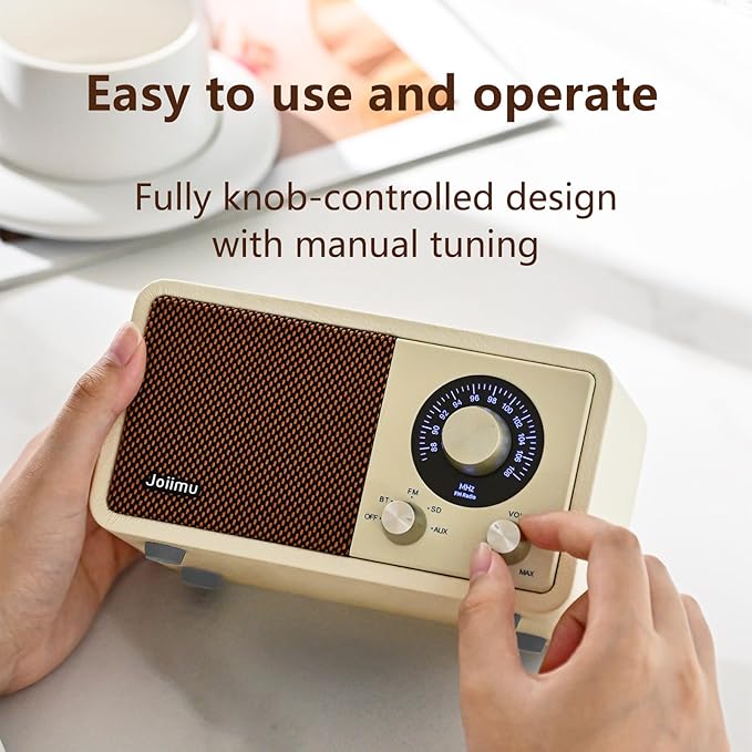 Portable FM Radio Bluetooth Speaker, 2600mAh Rechargeable, PU Leather, SD Card Support for Kitchen Living Room with Rotary Knob