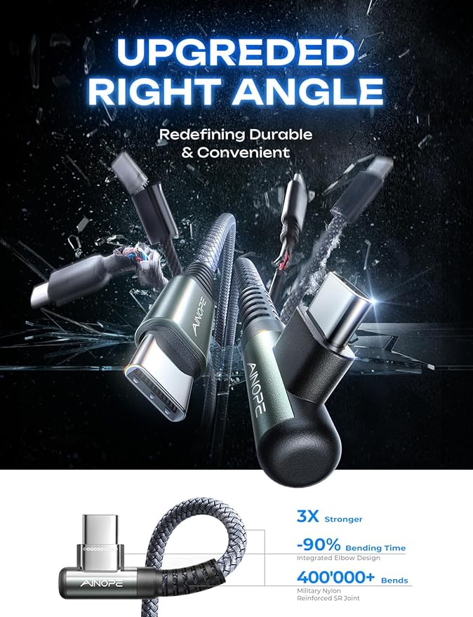 AINOPE USB C Cable to USB C 60W 2Pack 6.6ft Nylon for iPhone 17 Pro Max/ 17 Air Charger Cord Type C Fast Charging Right Angle USBC to USBC Cable for iPhone 17 16 Pro Max Accessories Samsung S25 iPad